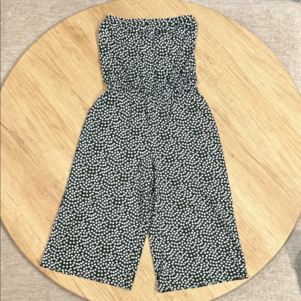 MSK Dark Green and White Polka Dot Tube Top Jumpsuit